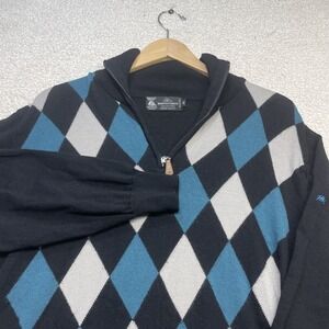 Monte Carlo Sweater Mens 42 Black Argyle Quarter Zip Wool Mock Neck Pullover